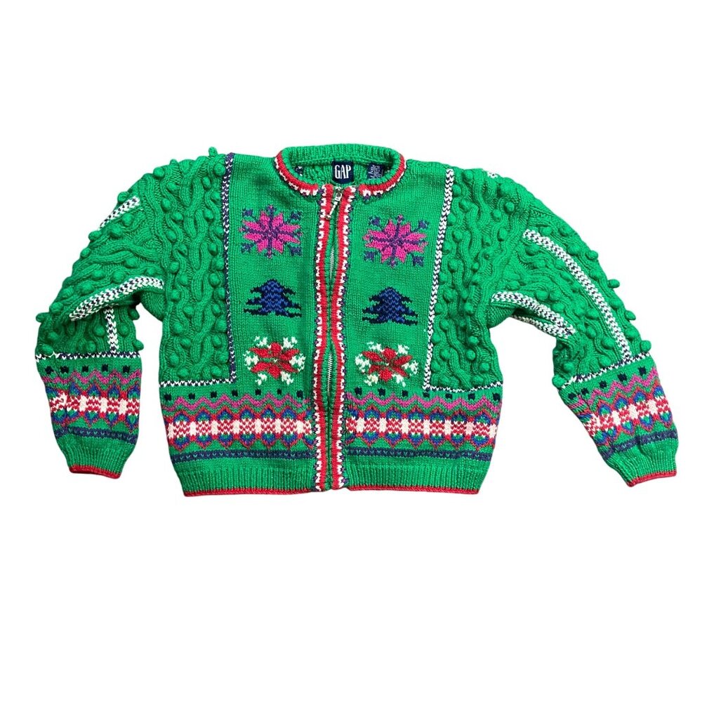 Vintage Gap Handknit Holiday Cardigan Sweater Girls‎ XL 100% Cotton Christmas